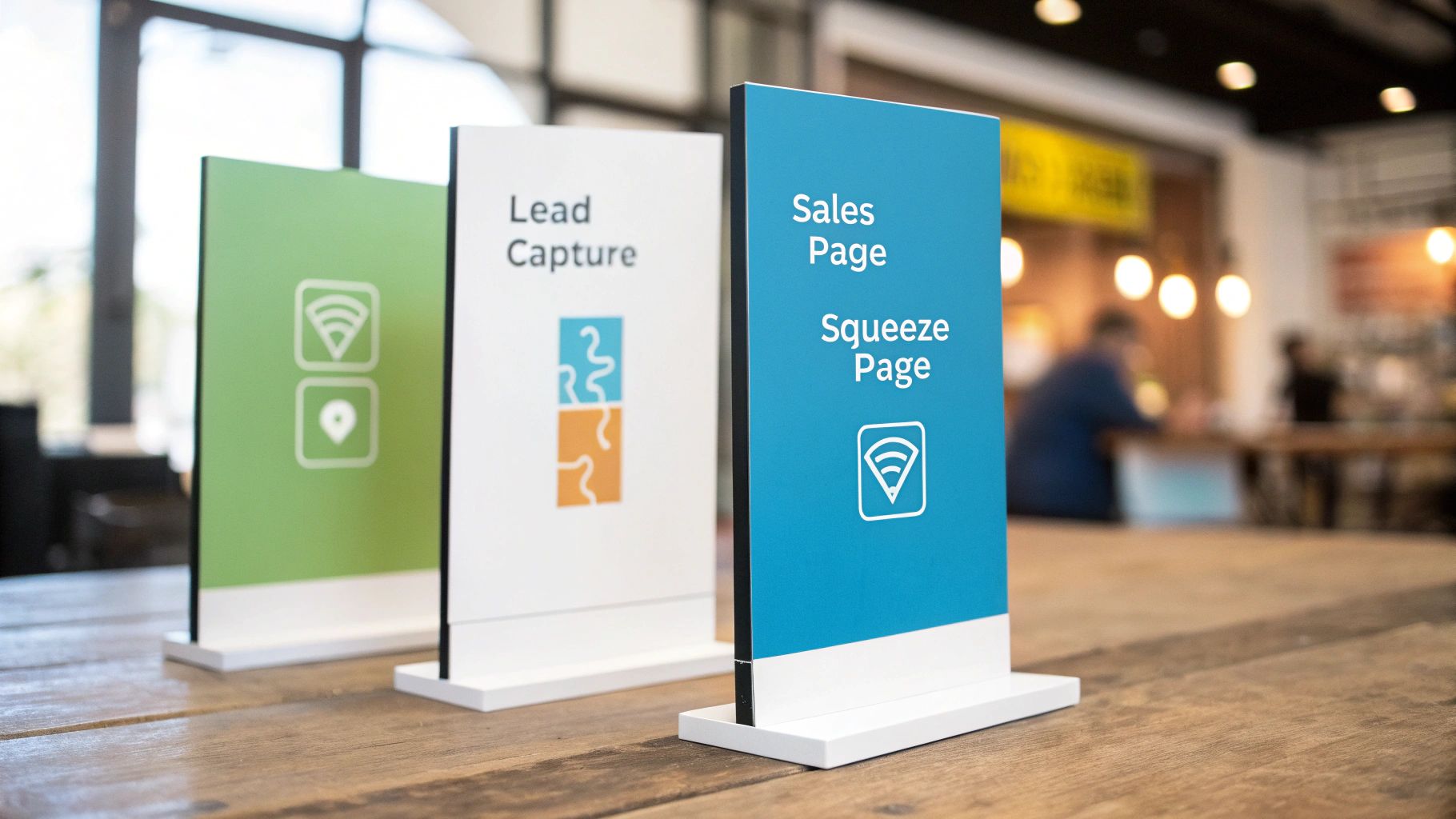שלושה שלטים מוארים על שולחן עץ, מציגים מושגי שיווק דיגיטליים כמו 'Lead Capture' ו'Sales Page', עם אייקונים גרפיים.