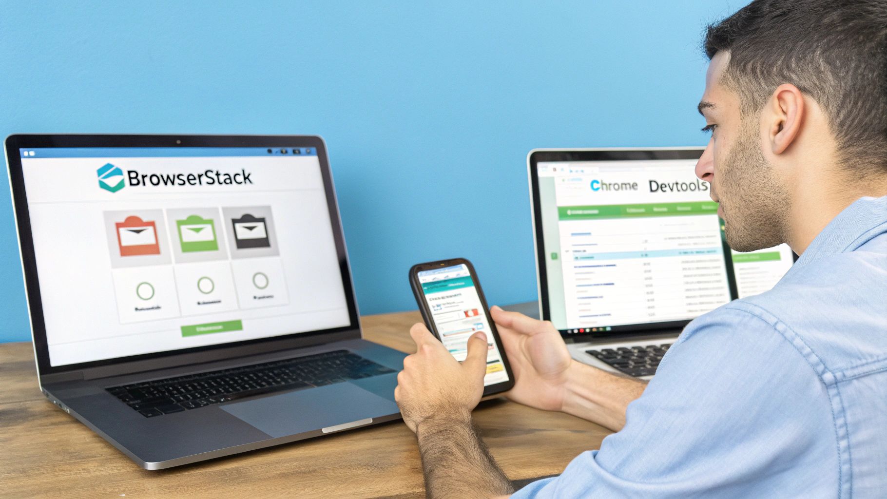 גבר בוחן ממשקים רספונסיביים על שני מחשבים ניידים וטלפון חכם, כנראה מפתח ווב.