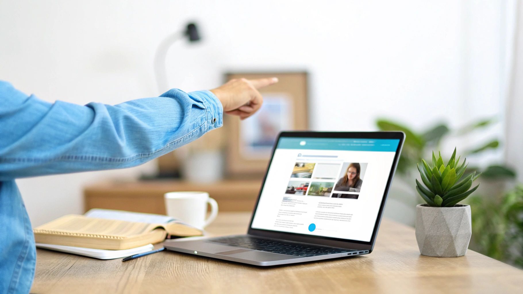 זרוע של אדם מצביעה קדימה, ליד מחשב נייד פתוח, ספר וצמח על שולחן עץ.