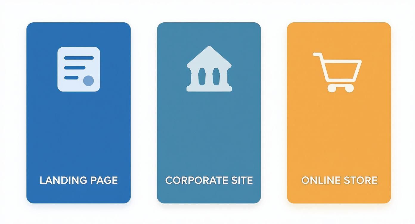 שלושה כרטיסים בצבעים כחול וכתום, עם אייקונים המייצגים דף נחיתה, אתר תדמית וחנות אונליין.