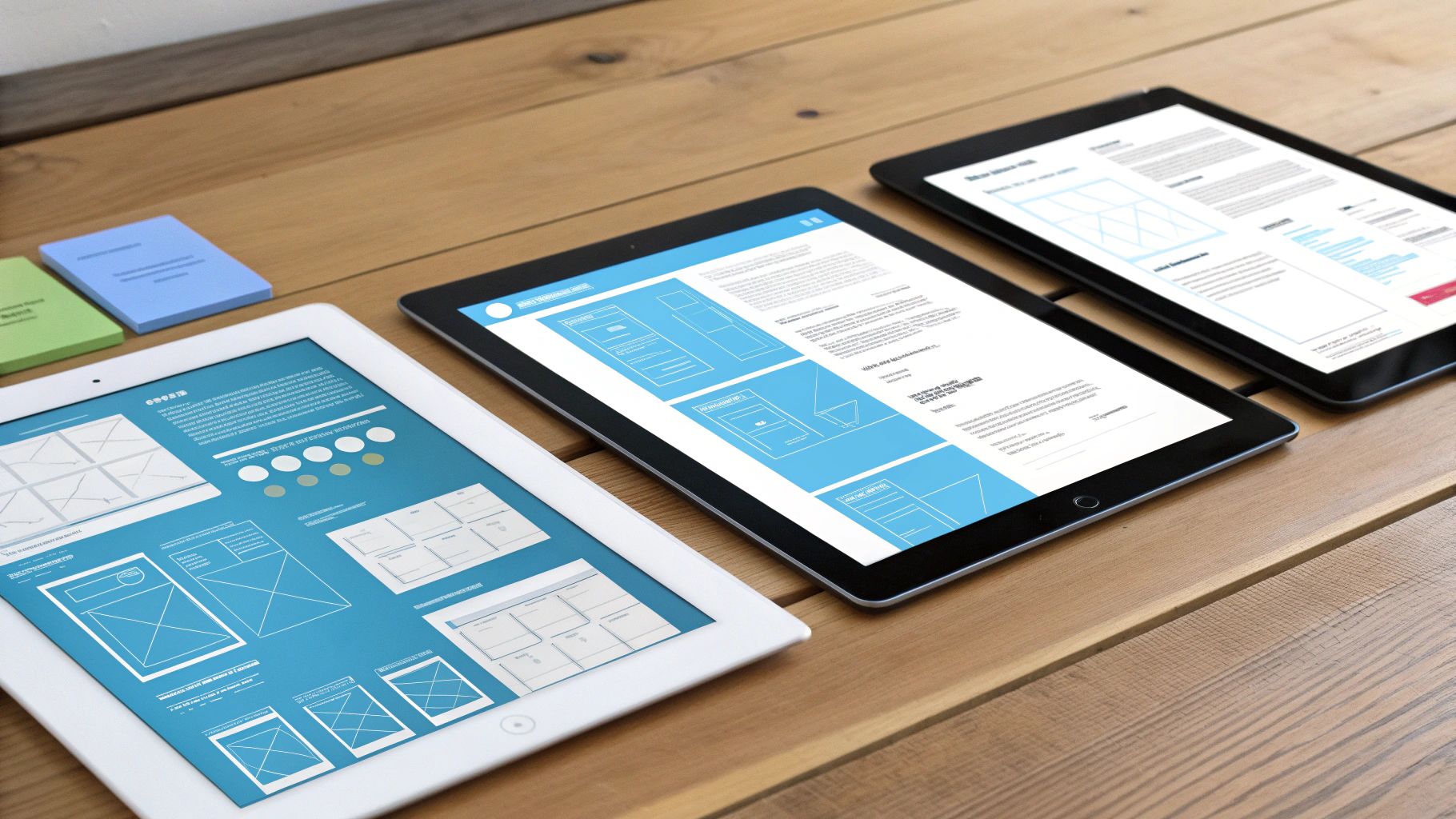 שלושה טאבלטים על שולחן עץ עם עיצובי ממשק משתמש וטקסט. פנקסים צבעוניים לידם מייצגים תהליך עבודה ועיצוב.