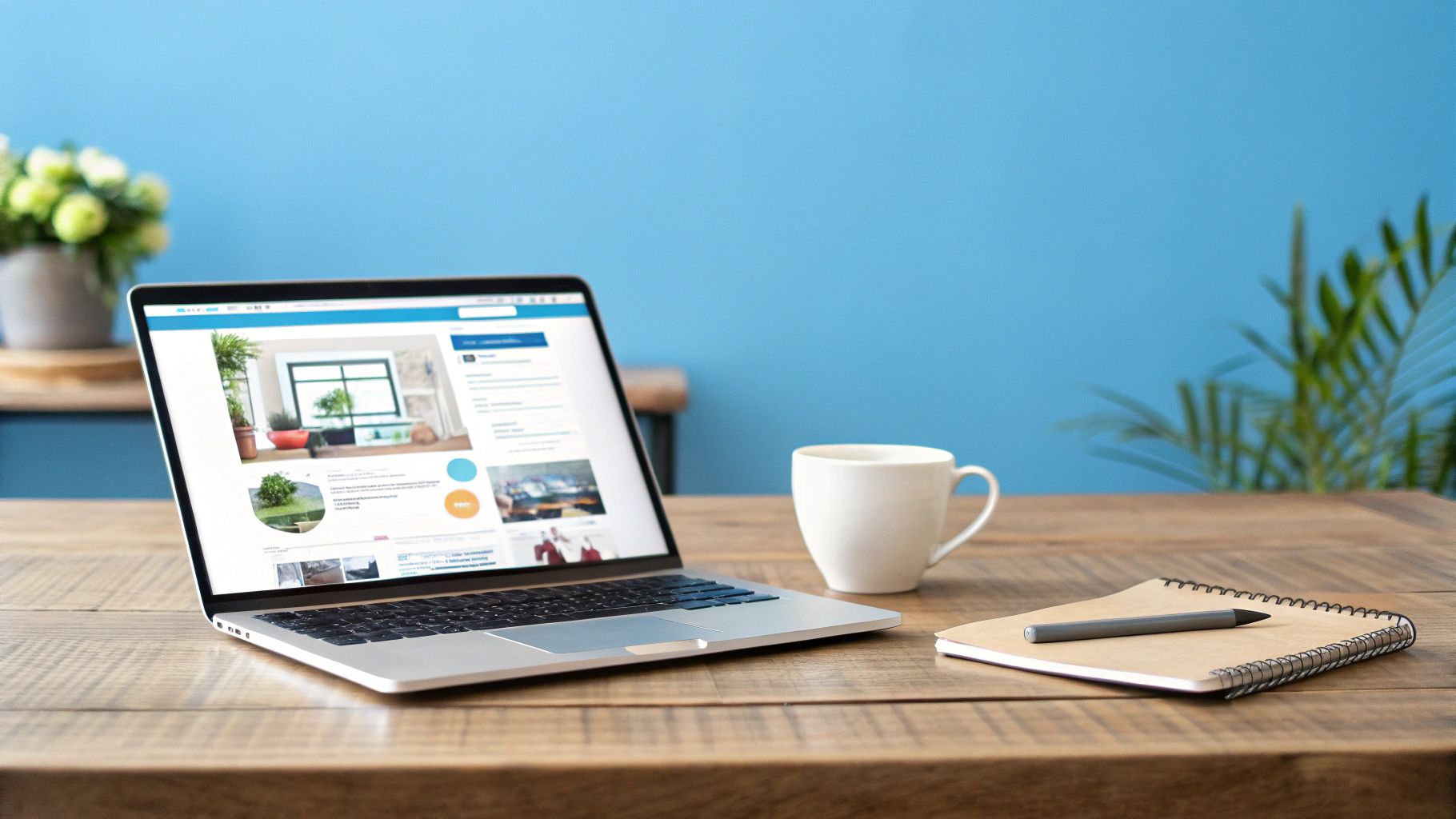 מחשב נייד פתוח על שולחן עץ, עם ספל קפה, פנקס ועט, ברקע קיר כחול וצמחייה ירוקה.