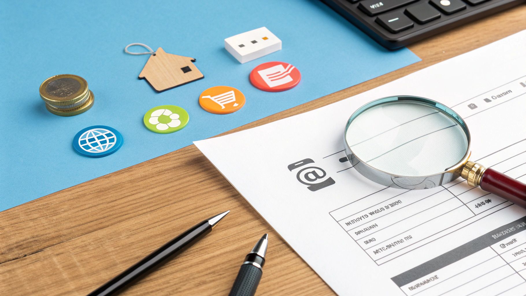 שולחן עבודה עם זכוכית מגדלת, מסמכים, מטבעות ואייקונים דיגיטליים, המרמז על ניתוח עלויות ושירותים.