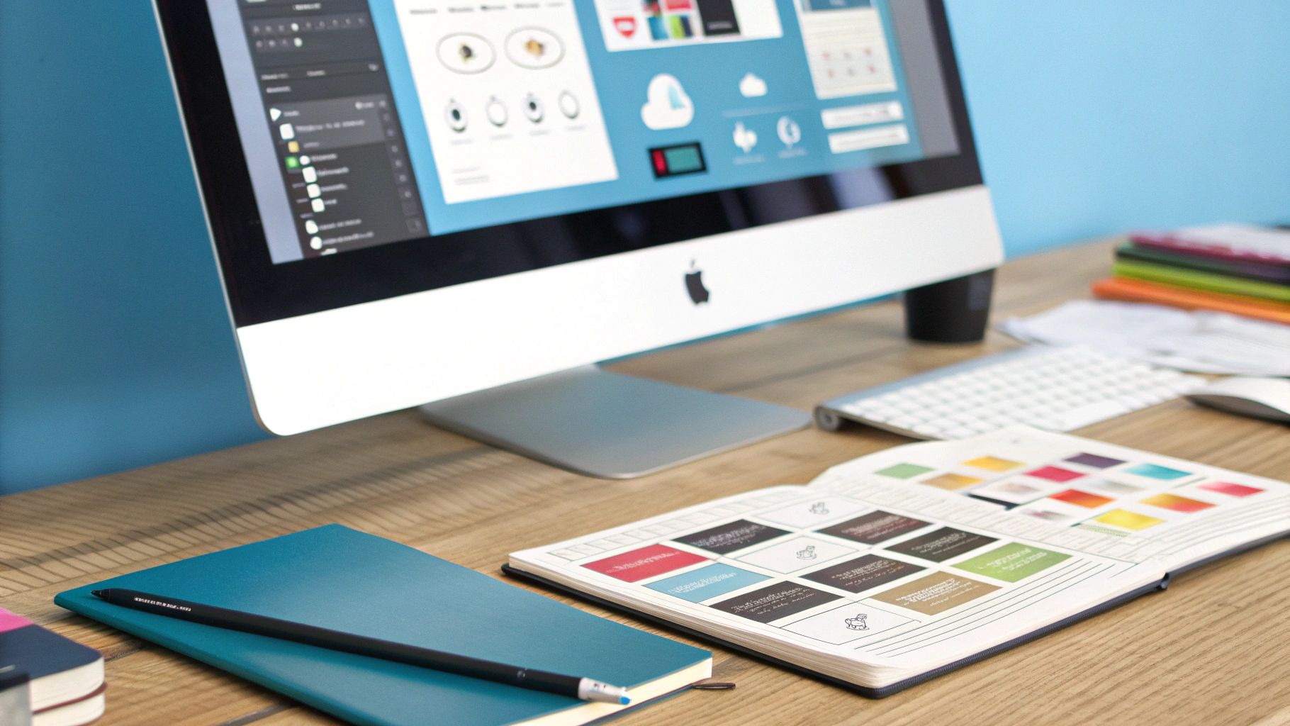 סביבת עבודה מודרנית עם מחשב iMac המציג עיצובי UI/UX, מקלדת, עכבר, מחברות ועט על שולחן עץ.