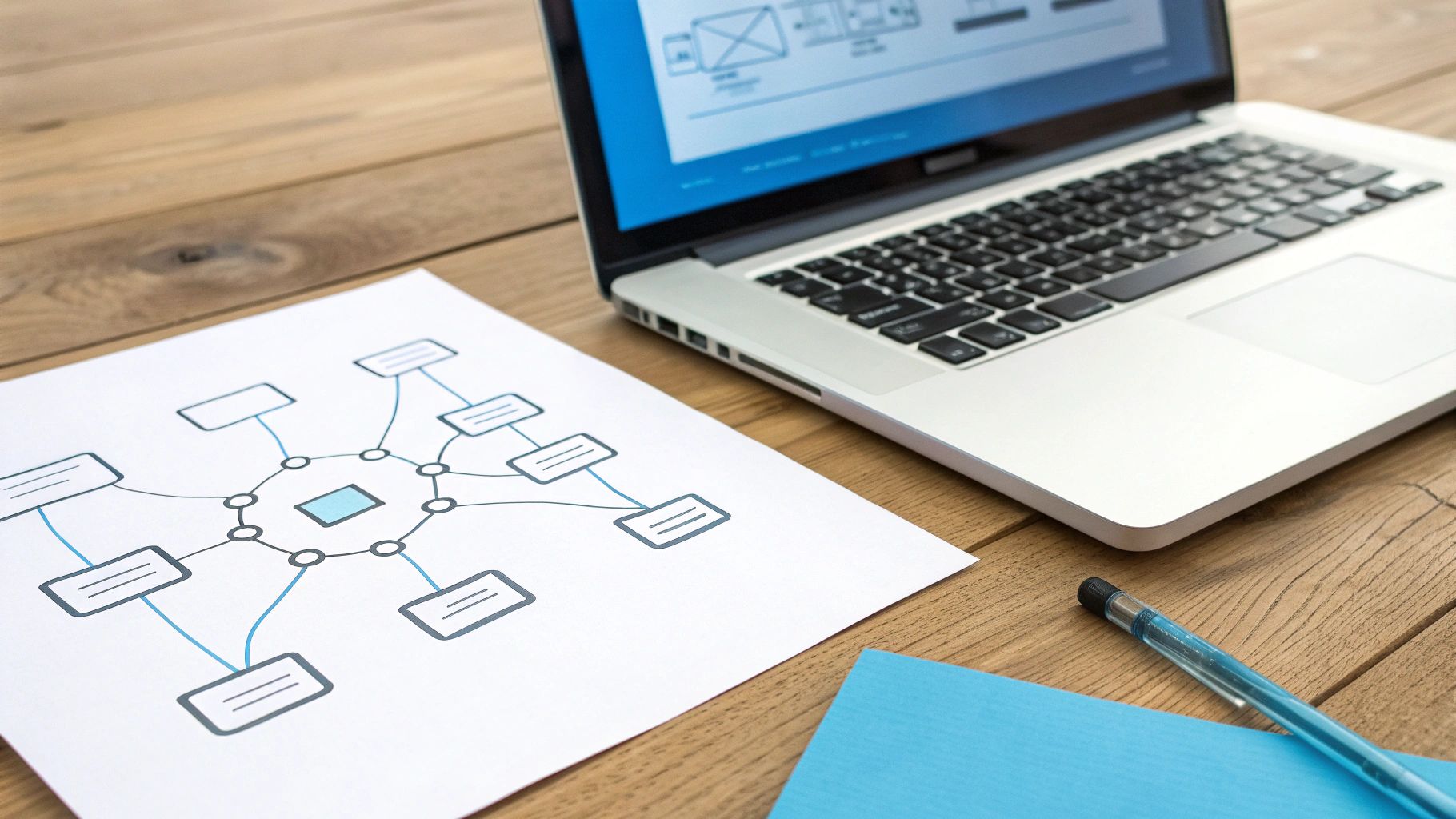 אישה בונה רשת של קשרים דיגיטליים, המסמלת בניית קישורים