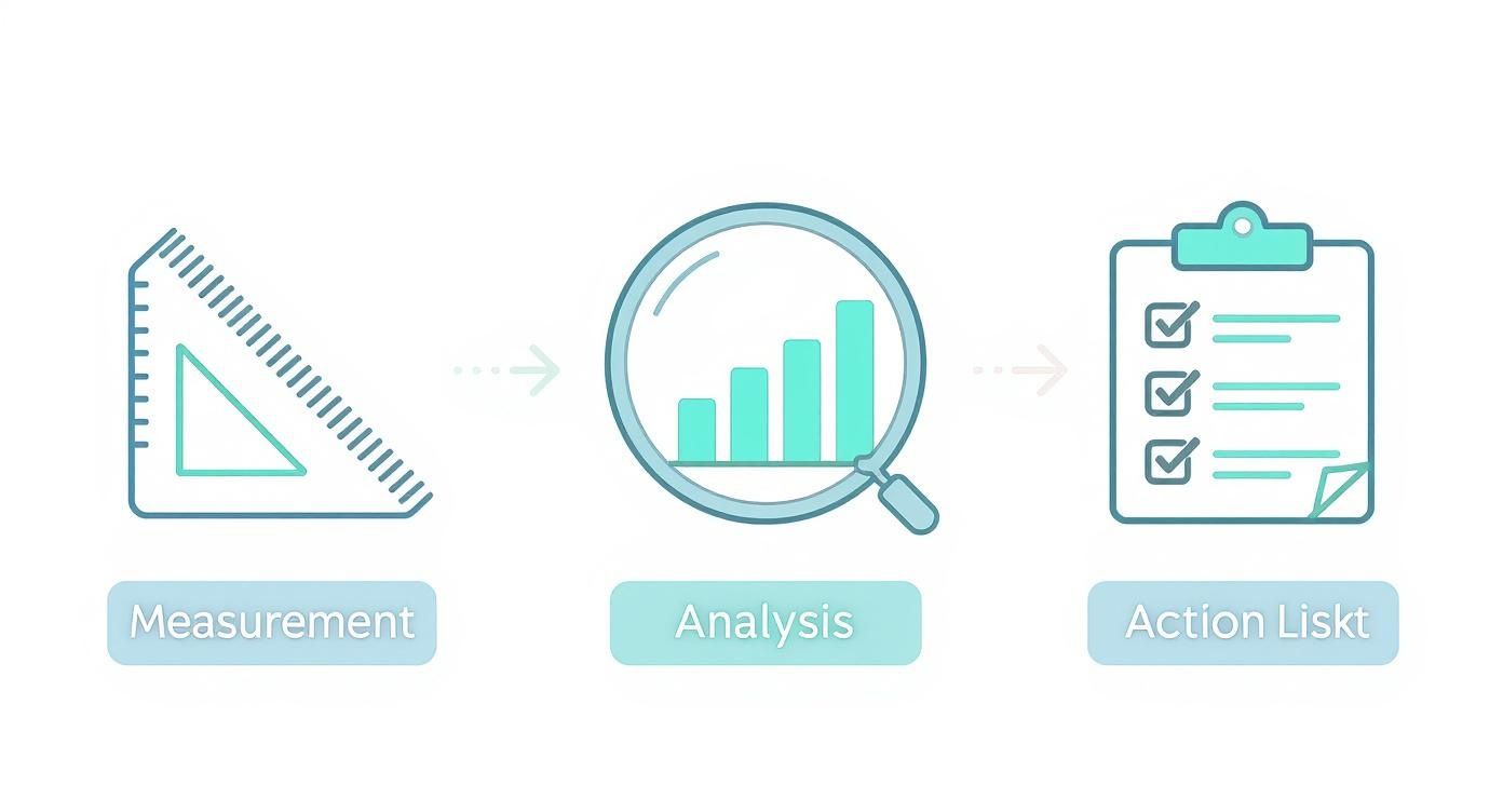 אינפוגרפיקה המתארת את תהליך אבחון ושיפור מהירות האתר בשלושה שלבים: מדידה, ניתוח ופעולה