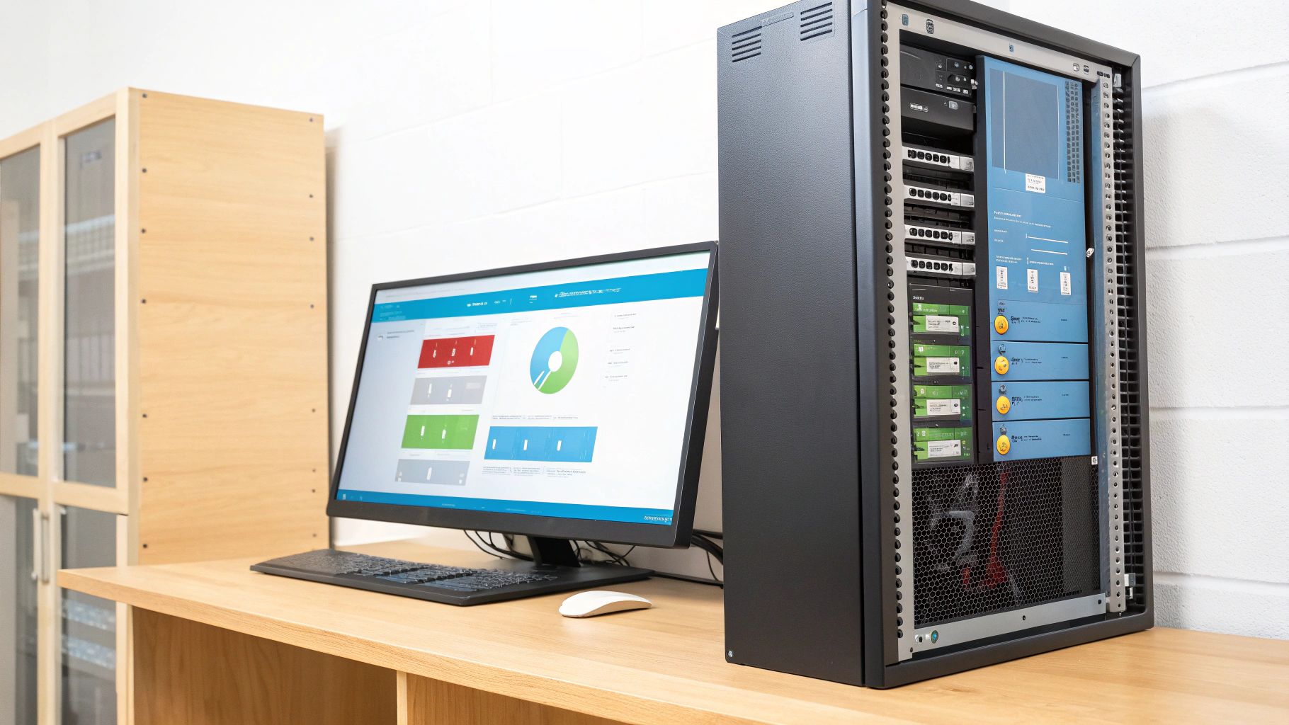 שרתי נתונים מודרניים עם תאורה כחולה, הממחישים את תשתית האחסון החיונית למהירות האתר