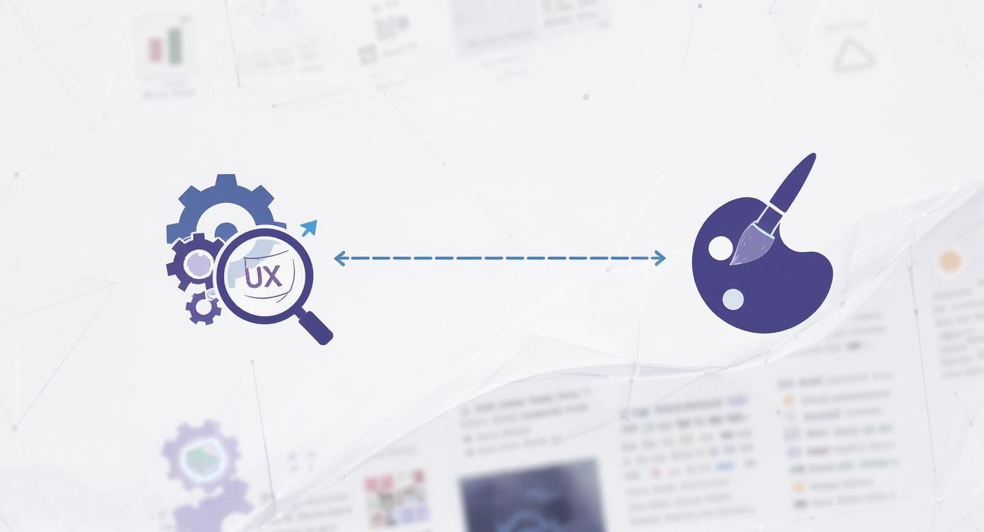 איור המציג את הקשר בין מחקר חוויית משתמש UX לבין עיצוב ויזואלי עם סמלי גלגלי שיניים ופלטת צבעים