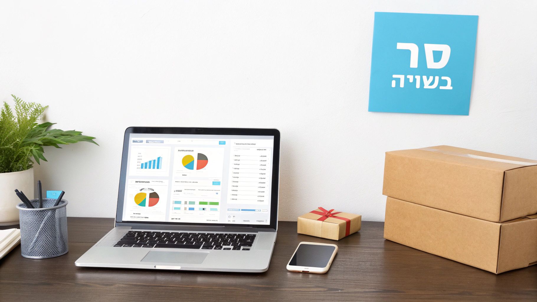 שולחן עבודה עם מחשב נייד המציג נתוני איקומרס, קופסאות משלוח ומתנה, ושלט בעברית.