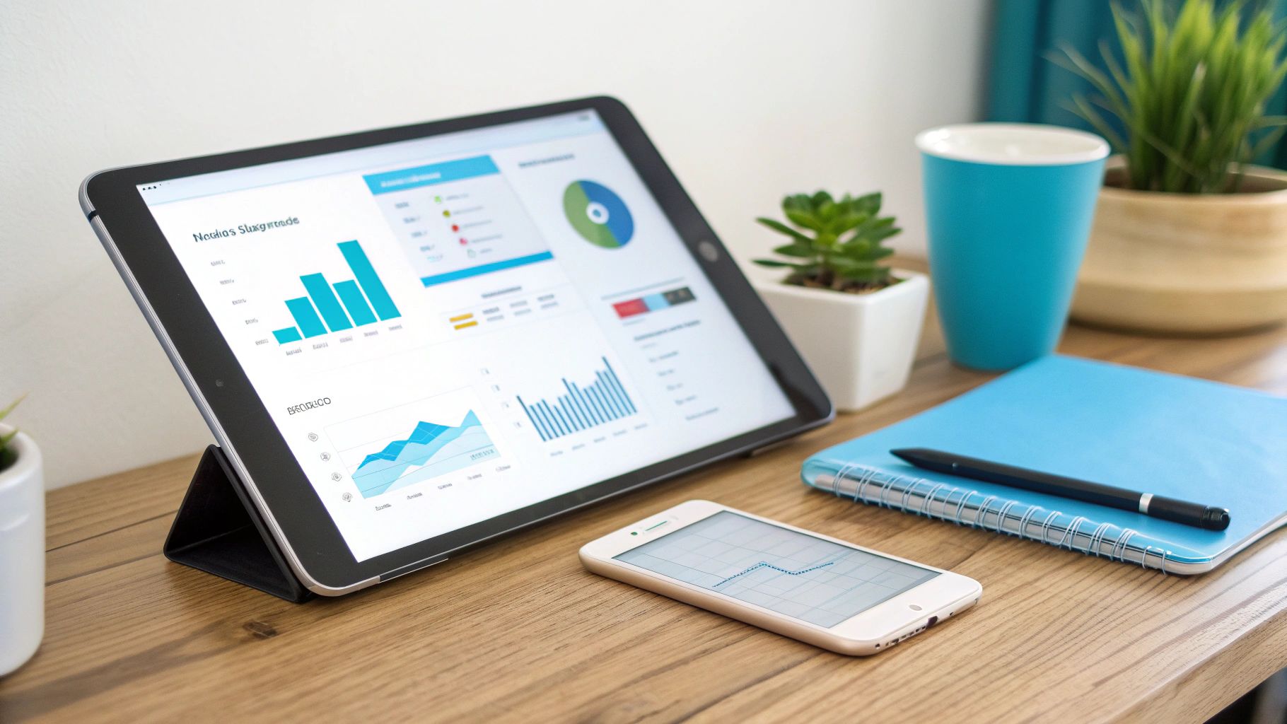 שולחן עבודה מודרני עם טאבלט, סמארטפון, מחברת ועט, מציג גרפים ונתוני ביצועים.