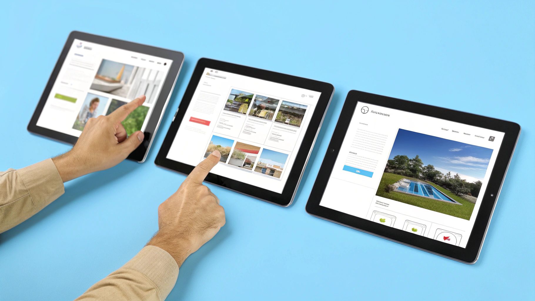 איור של ממשקי משתמש של פלטפורמות בניית אתרים AI שונות על מסכי מחשב וטאבלטים