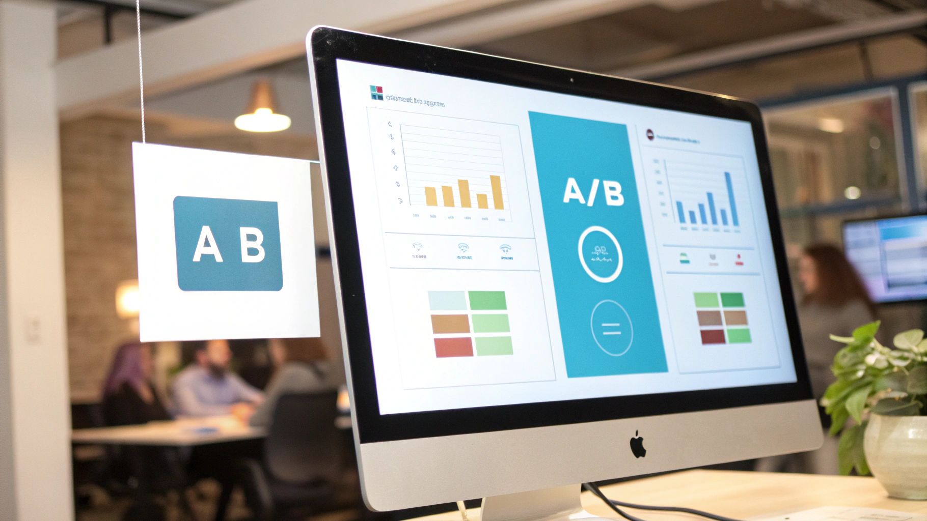 מסך מחשב iMac מציג לוח מחוונים לבדיקות A/B, עם גרפים, נתונים חזותיים ותרשימים שונים. שלט תלוי עם האותיות A ו-B בצד.
