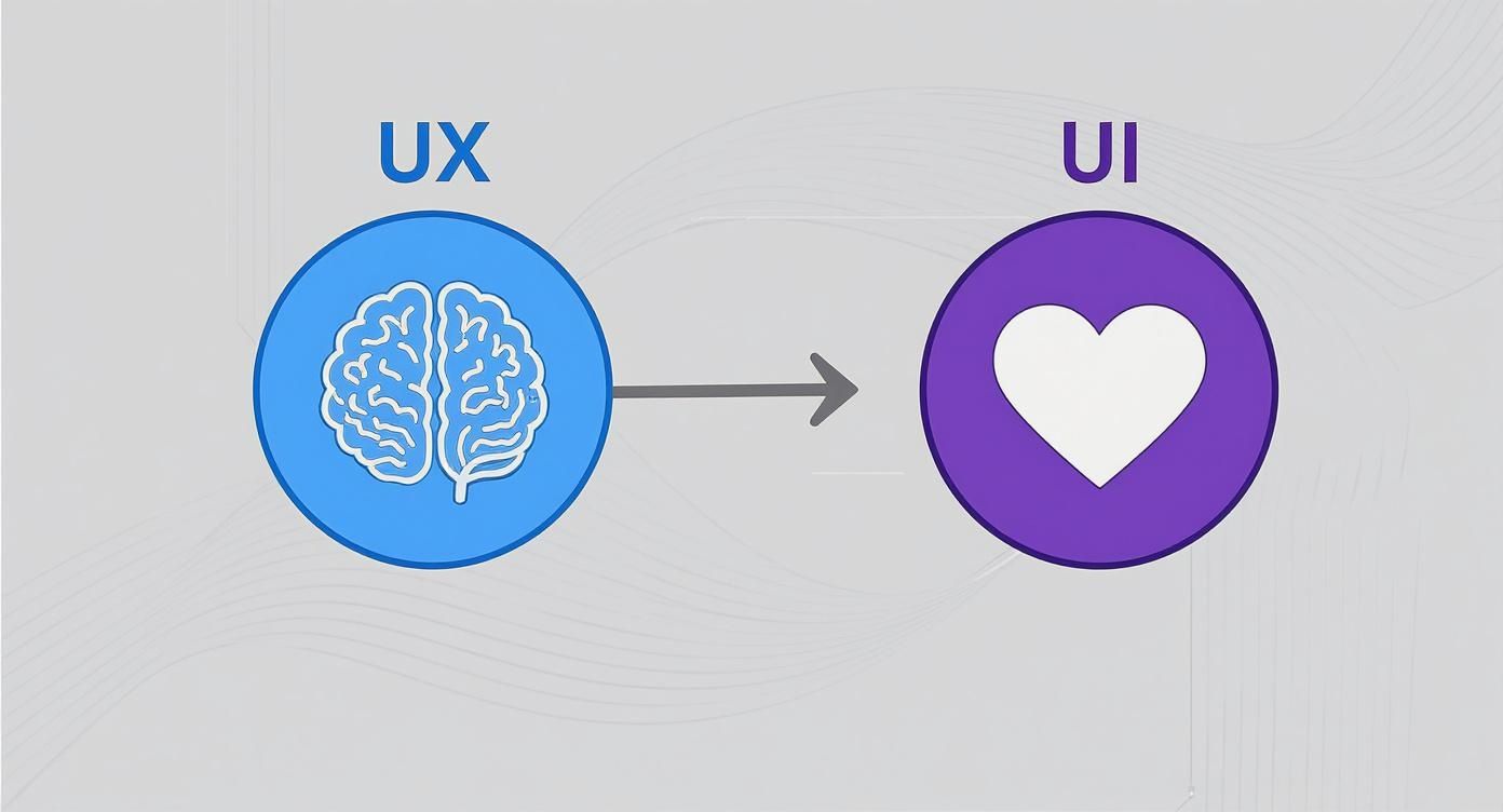 איור הממחיש את הקשר בין חווית משתמש (UX) המיוצגת כמוח, לממשק משתמש (UI) המיוצג כלב.