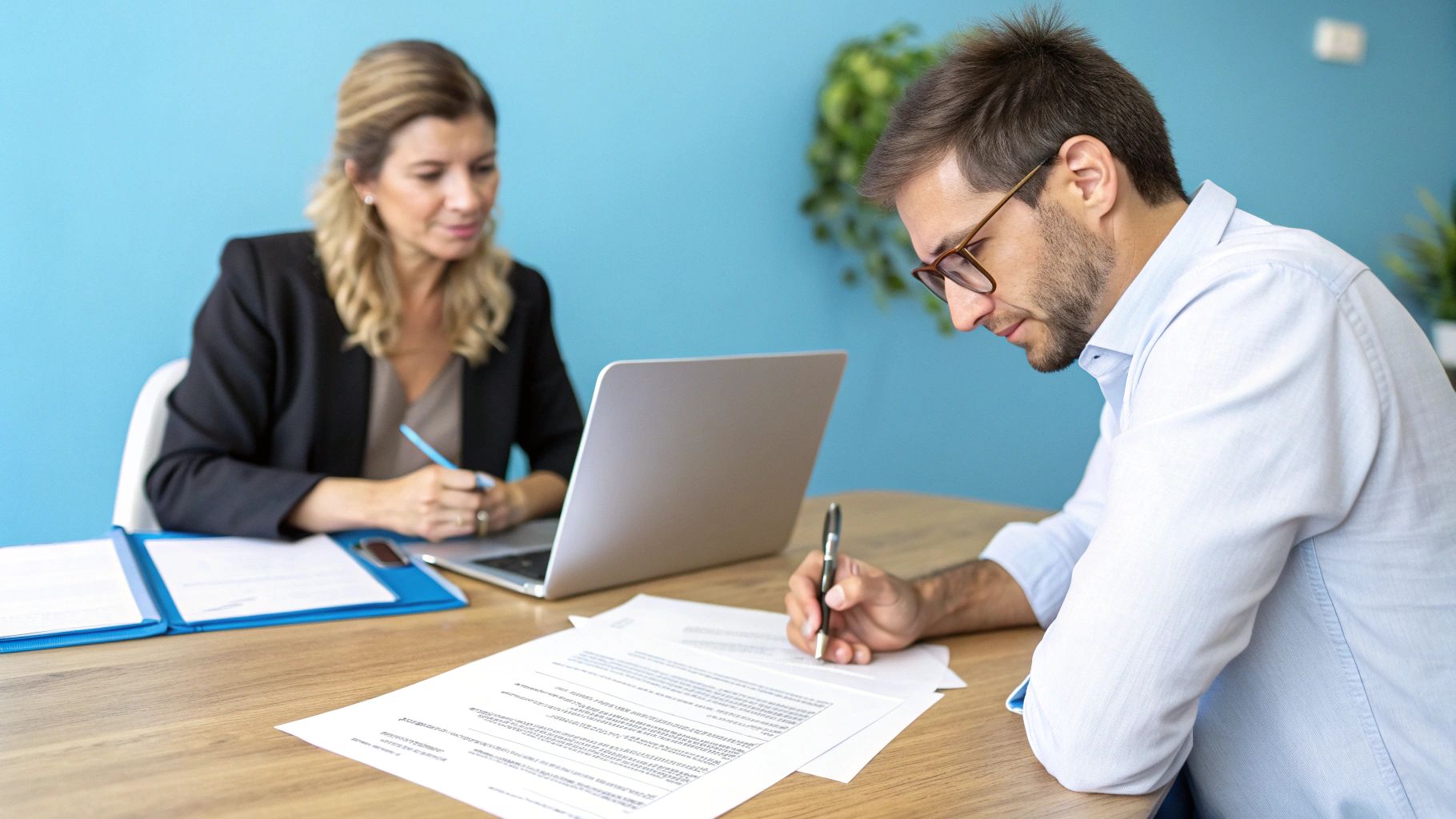 גבר חותם על מסמכים חשובים בפגישת עסקים עם אישה המשתמשת במחשב נייד.
