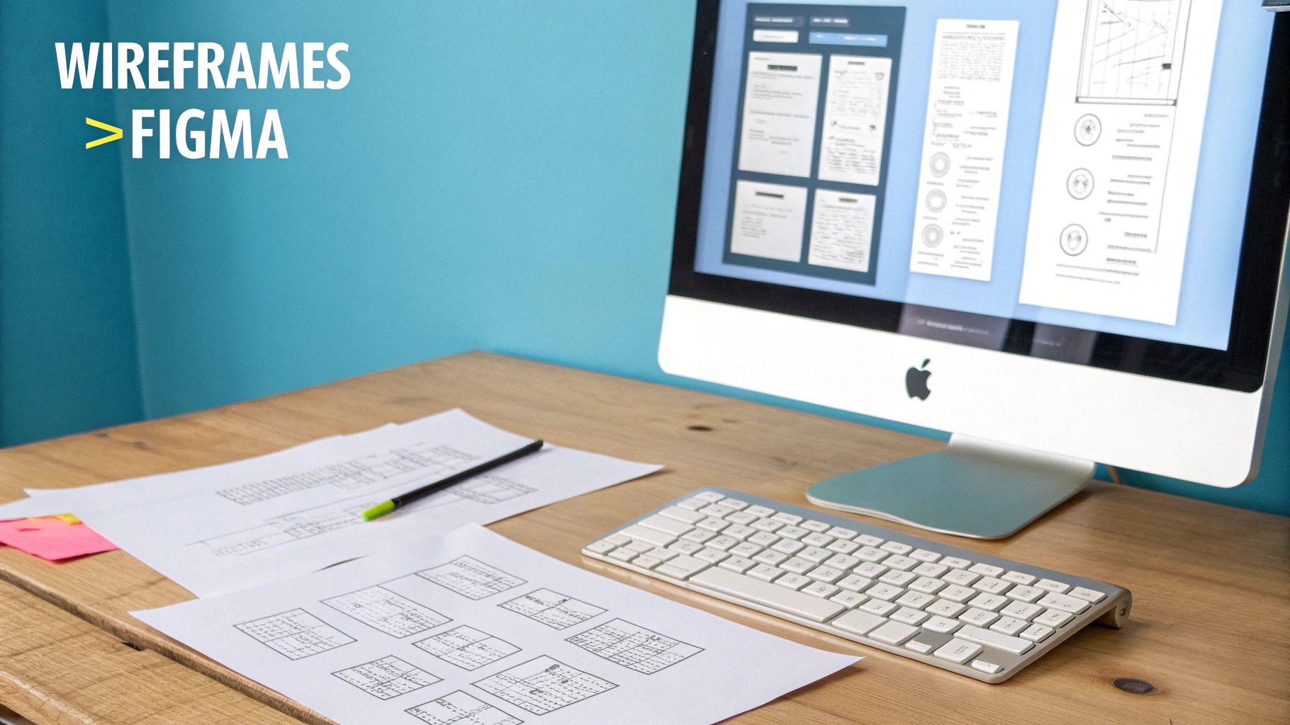 דוגמה למסך Wireframes ב-Figma המציג מבנה של עמוד ראשי