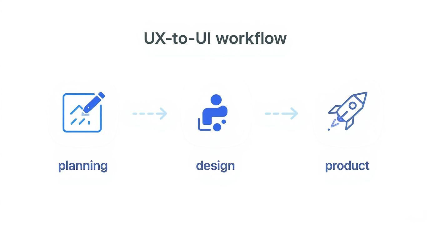 תרשים זרימת עבודה מ-UX ל-UI המציג שלושה שלבים: תכנון, עיצוב ומוצר, עם אייקונים מתאימים וחצים.