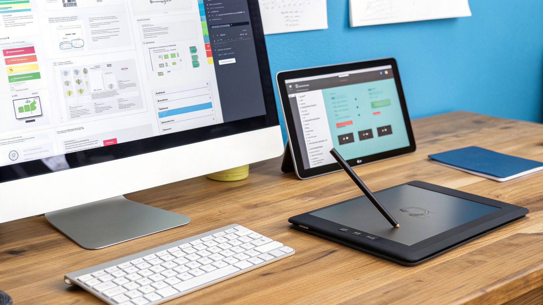 סביבת עבודה מודרנית עם מסך מחשב, טאבלט, טאבלט ציור ומקלדת, המציגה אלמנטים של עיצוב אתרים.