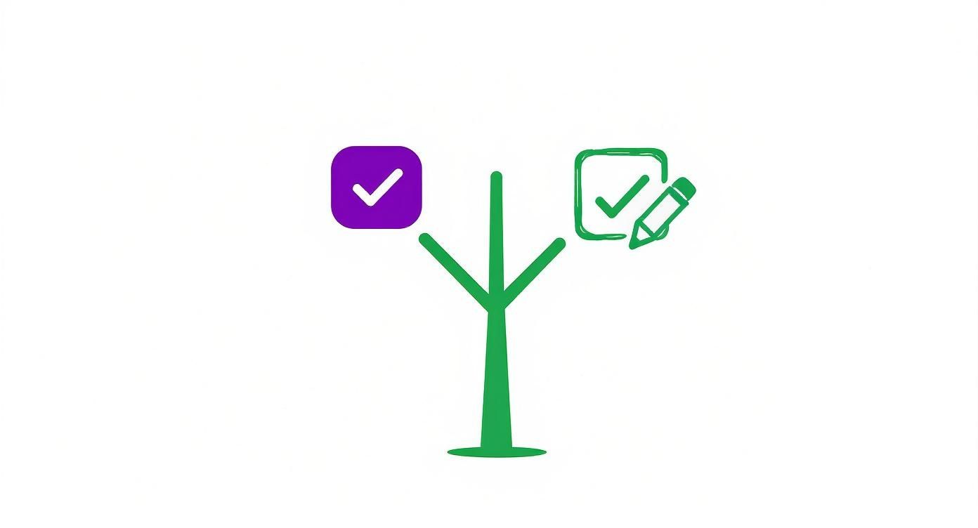 איור המציג עץ ירוק עם שני ענפים, עליהם סמלי וי סגול וירוק וסמל עריכה.