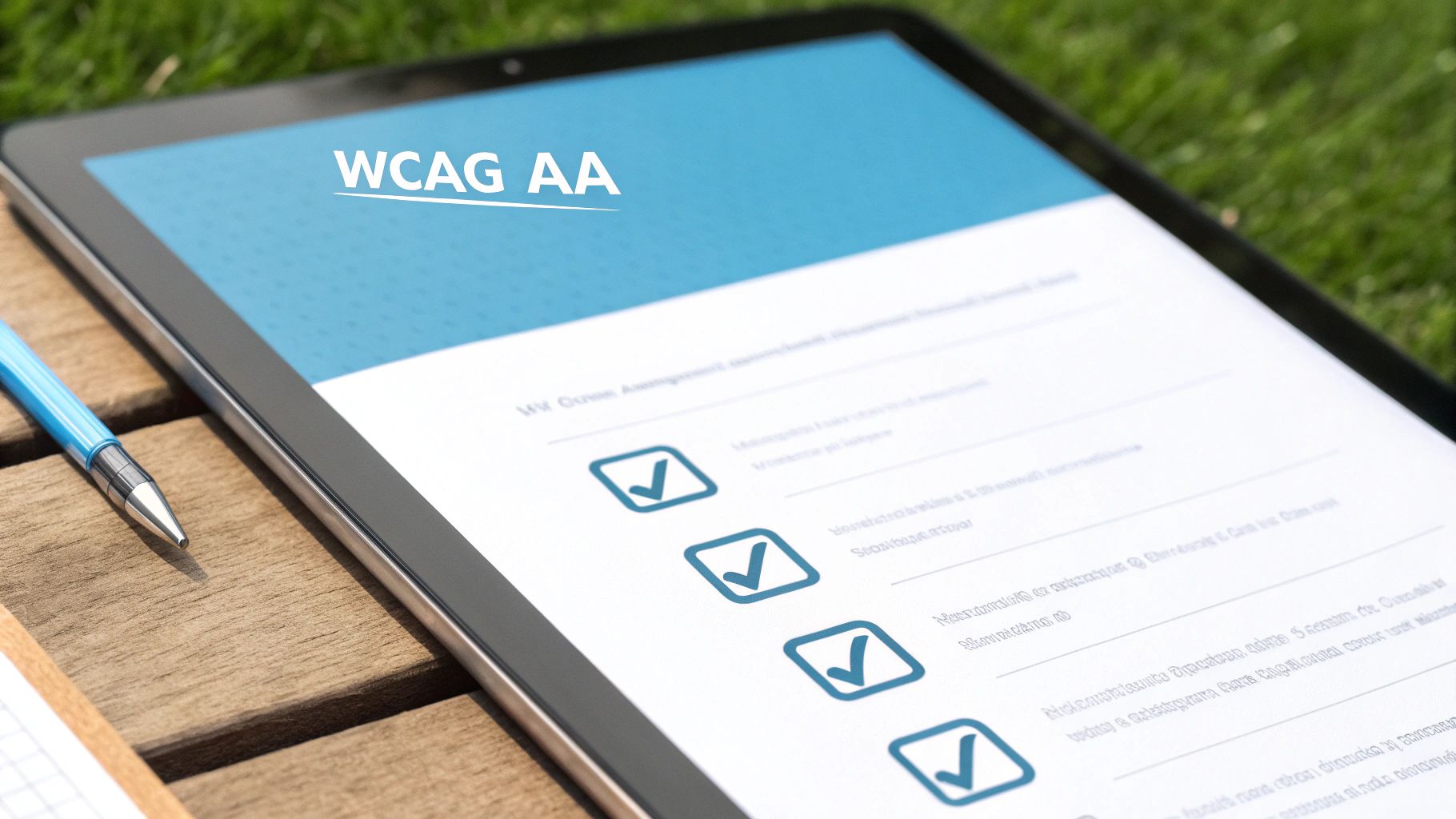טאבלט מציג רשימת בדיקות WCAG AA עם ארבע משבצות מסומנות לנגישות אתרים