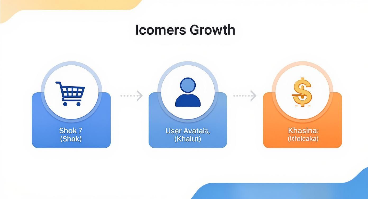 דיאגרמה המציגה צמיחה במסחר אלקטרוני: מעגלת קניות, דרך משתמש, ועד רווח כספי.