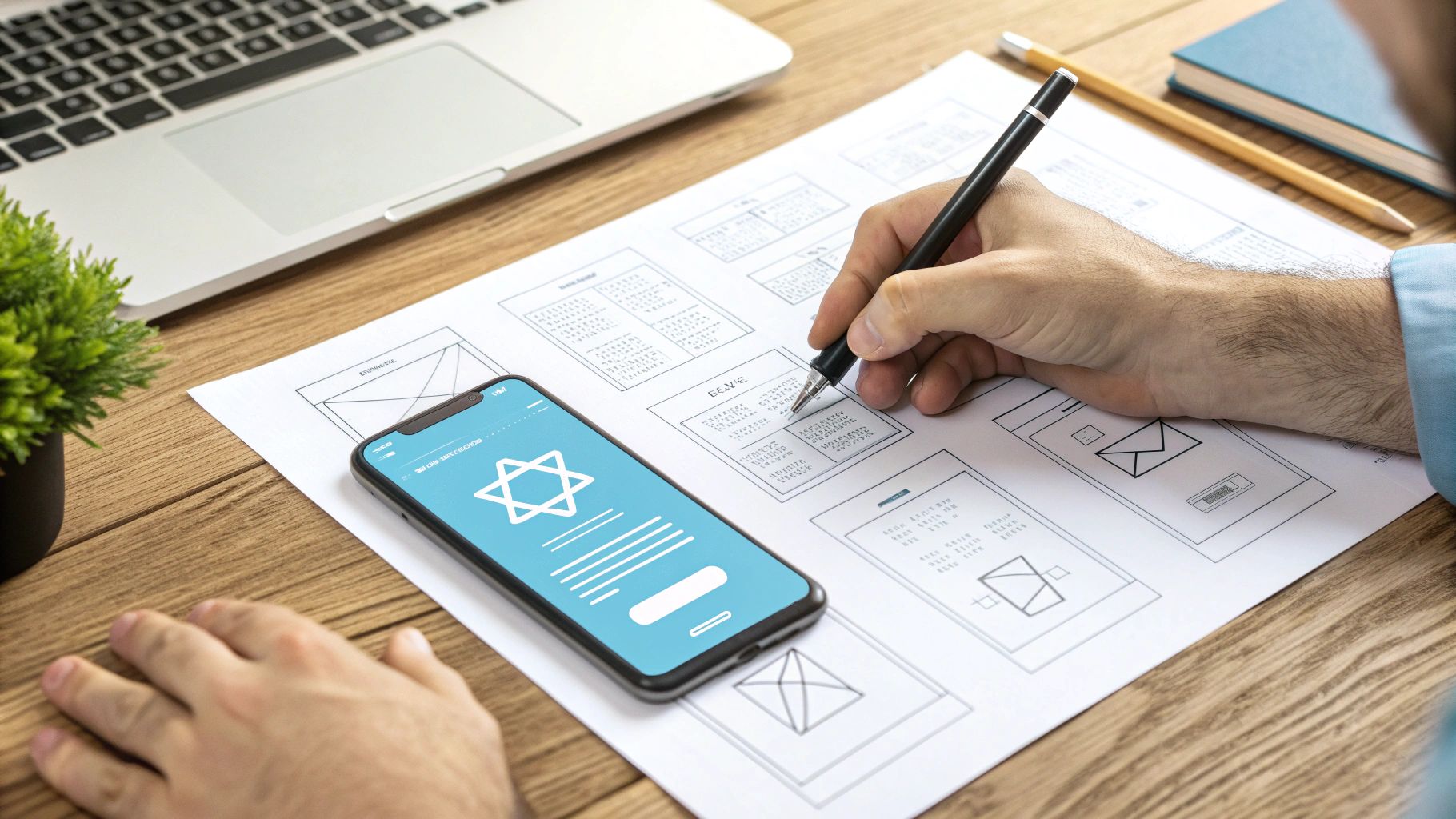 ידיים מתכננות ממשק אפליקציה יהודית על דפים, לצד סמארטפון ומחשב נייד על שולחן עץ.