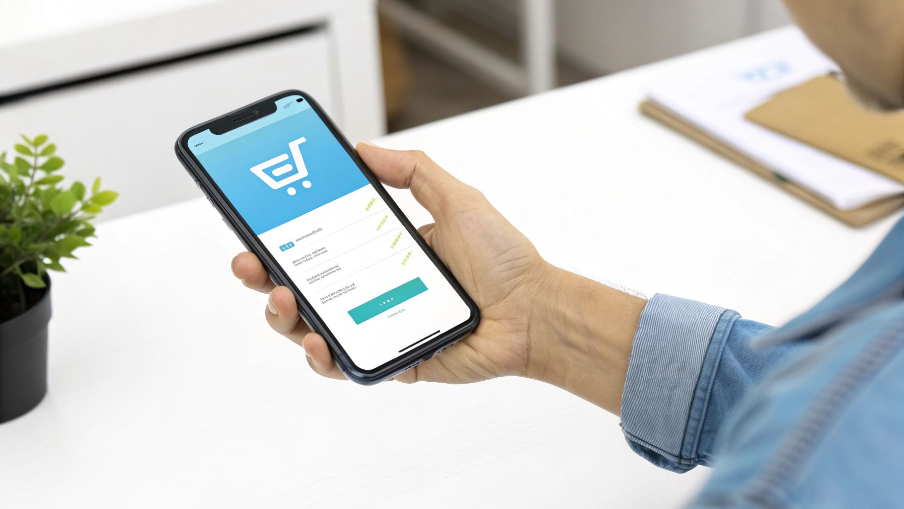 אדם מחזיק סמארטפון עם אפליקציית קניות מקוונות, המציגה סל קניות ותהליך הזמנה דיגיטלי.