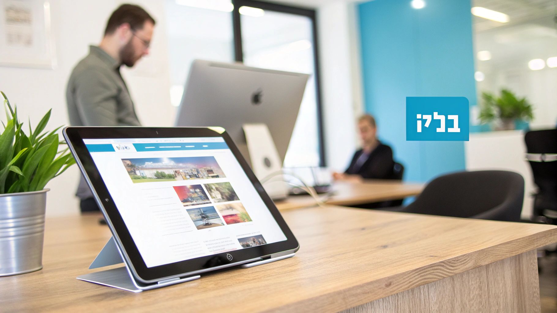 משרד מודרני עם טאבלט המציג אתר אינטרנט, צמחייה ועובדים ברקע שולחן עץ.