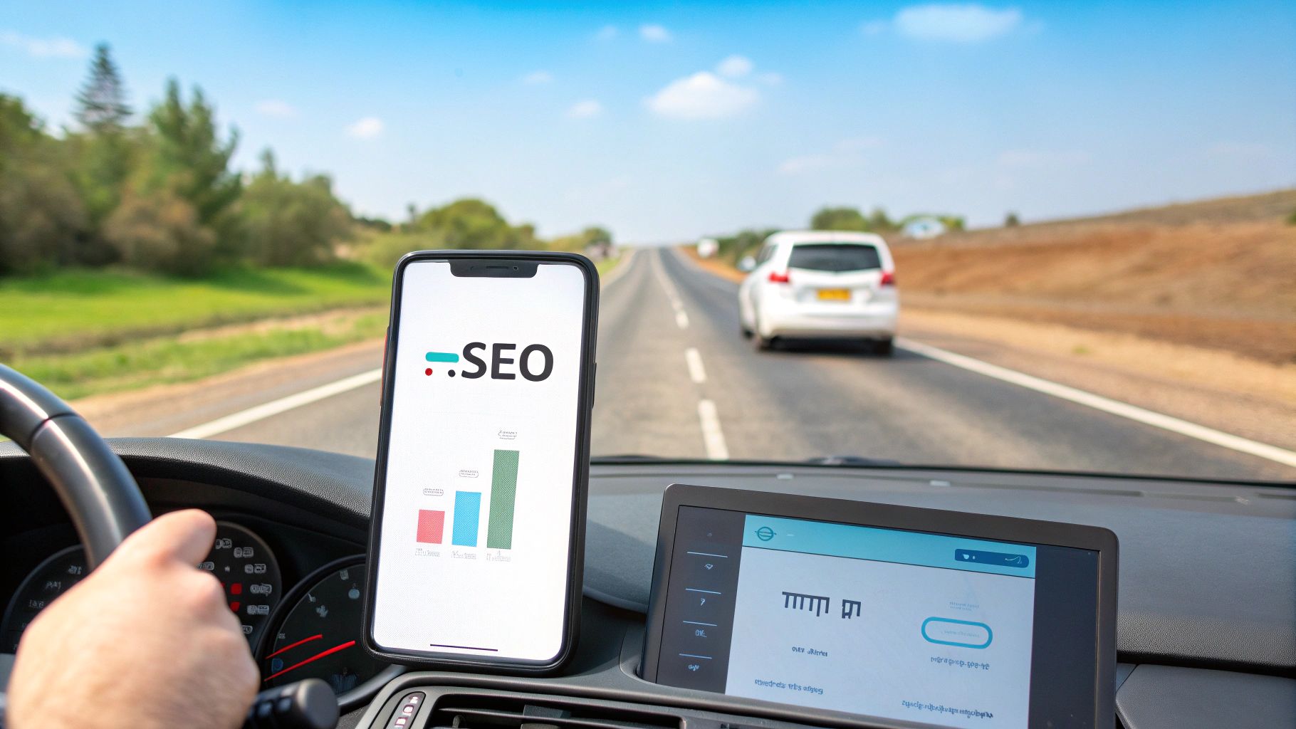 איור של זכוכית מגדלת מנתחת רכיבים של דף אינטרנט, המסמל SEO וניתוח עיצוב.