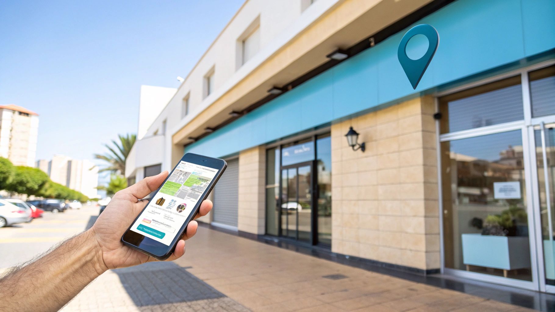 אדם מחזיק סמארטפון עם אפליקציית קניות מול בניין חנויות עם סיכת מיקום כחולה.