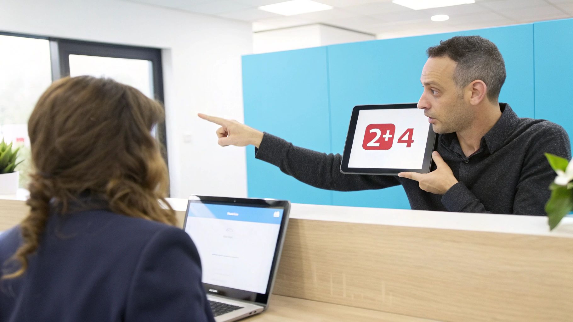 איש עסקים מציג טאבלט עם משוואה '2+4' ומצביע, בעוד אישה יושבת מול מחשב נייד במשרד.