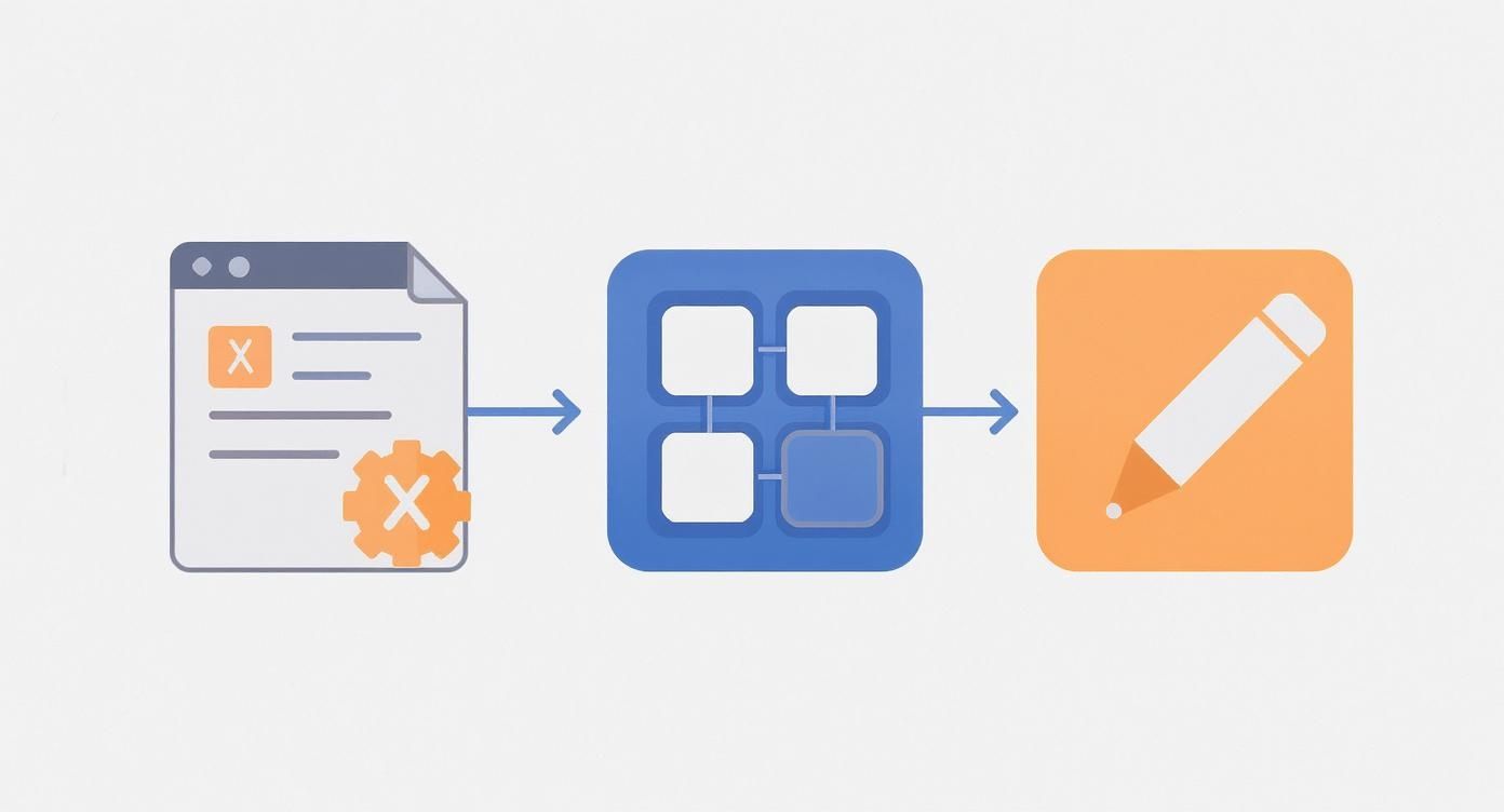 תרשים זרימה המציג תהליך עיצוב ממשק משתמש: מסמך עם הגדרות, מסגרת חוטית עם אלמנטים, וכלי עריכה