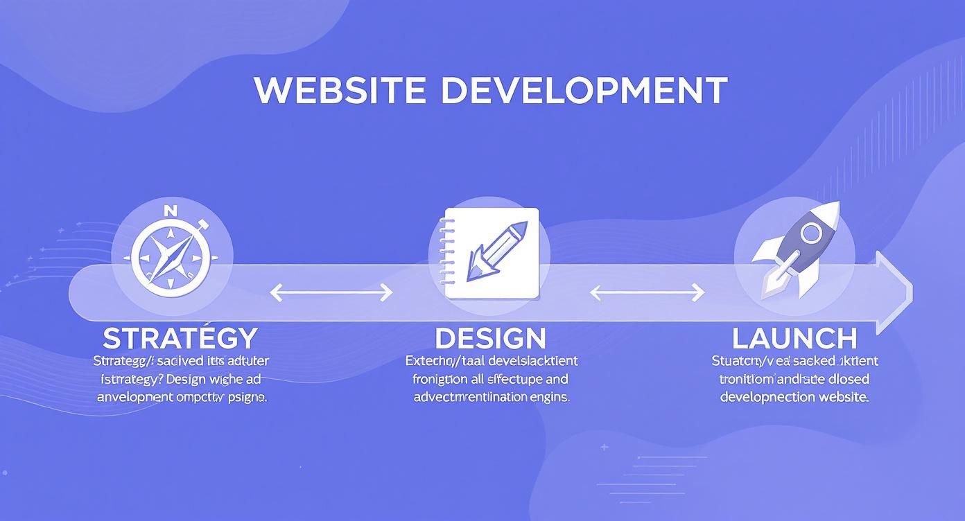 אינפוגרפיקה המציגה את שלושת שלבי פיתוח אתרים: אסטרטגיה עם מצפן, עיצוב עם מחברת, והשקה עם טיל.
