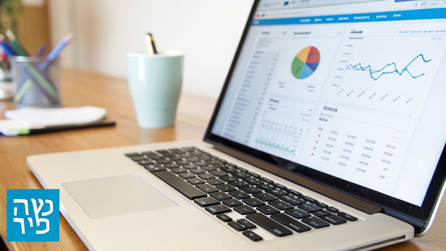 מחשב נייד מציג לוח מחוונים עם נתוני אנליטיקה, תרשימים וגרפים על שולחן עץ משרדי.