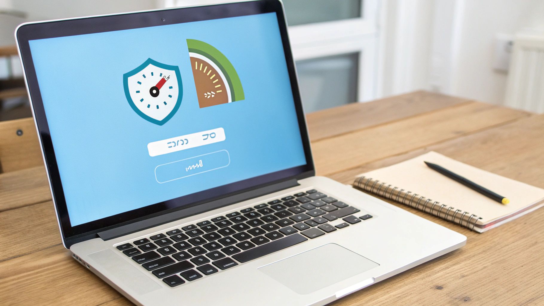 מחשב נייד פתוח על שולחן עץ מואר, מציג מסך עם סמל אבטחה, מד וטופס התחברות. לידו מחברת ועיפרון.