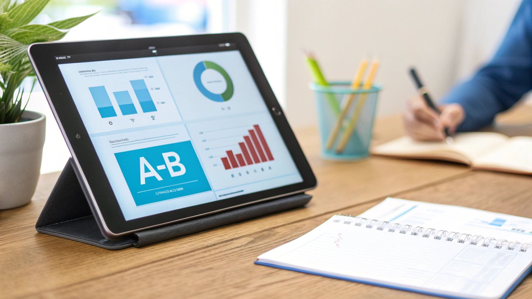 איש מקצוע מנתח גרפים ונתונים של דף נחיתה על גבי מסך מחשב, עם סמלים המייצגים SEO ו-A/B Testing מסביב