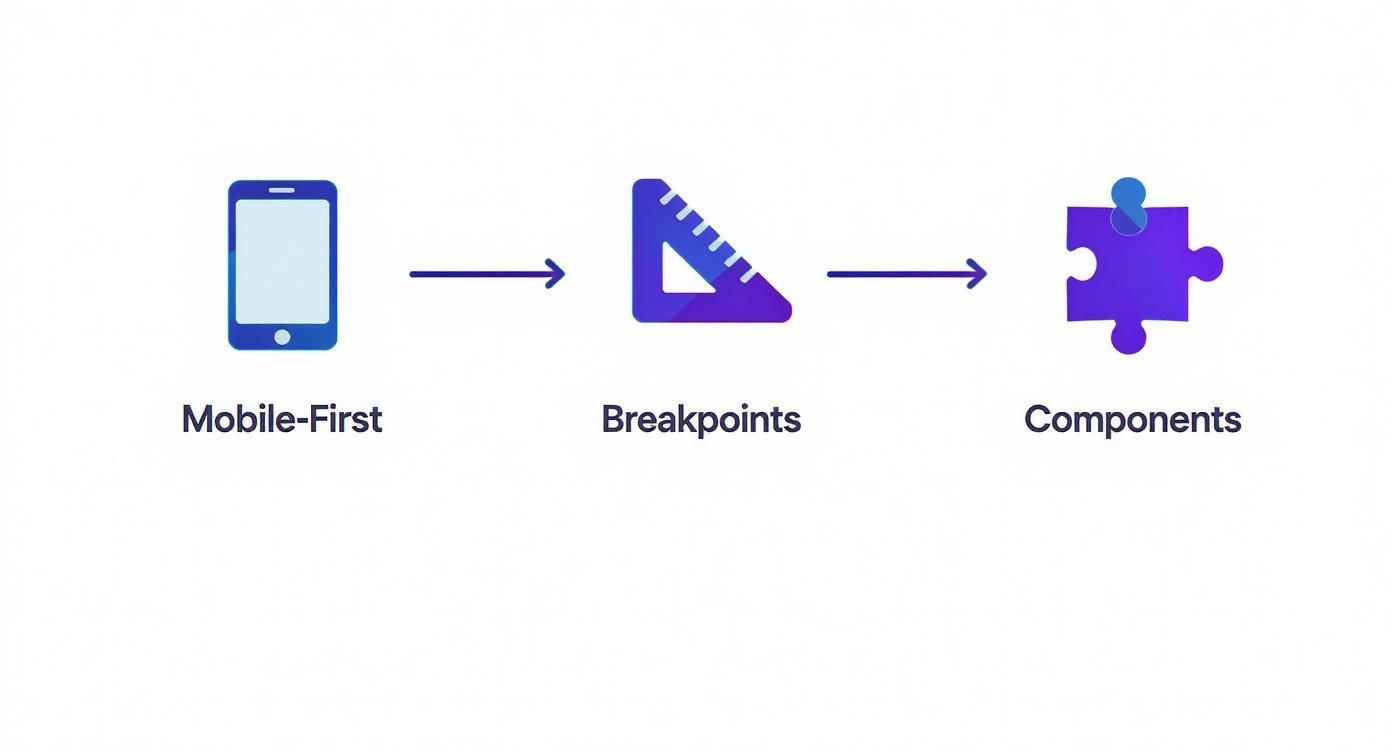 אינפוגרפיקה המציגה את זרימת העבודה של בניית אתרים רספונסיביים: מובייל-פירסט, נקודות עצירה, ורכיבים.
