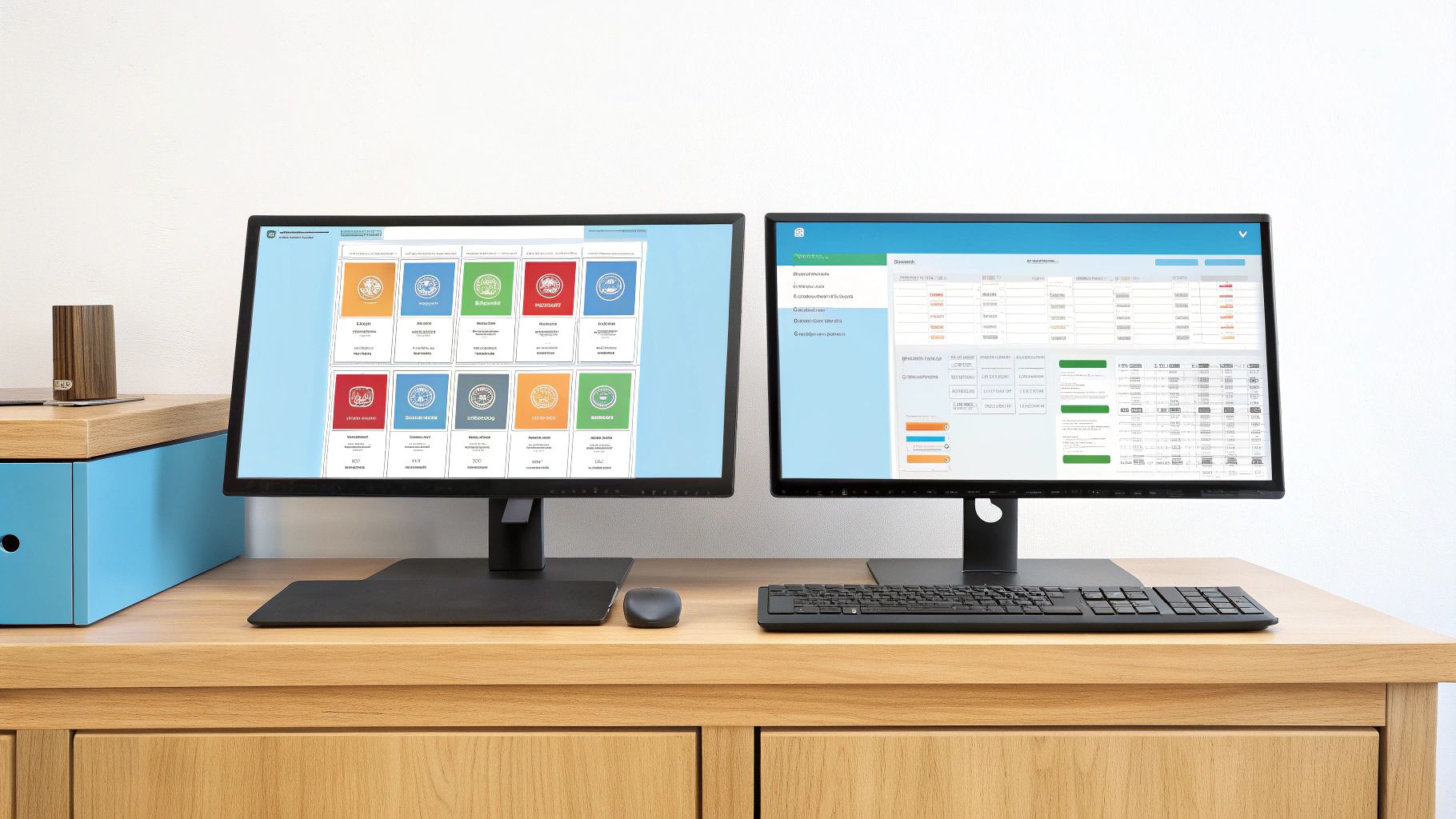שני מסכי מחשב על שולחן עץ מודרני, מציגים ממשקי תוכנה שונים עם נתונים וגרפים.
