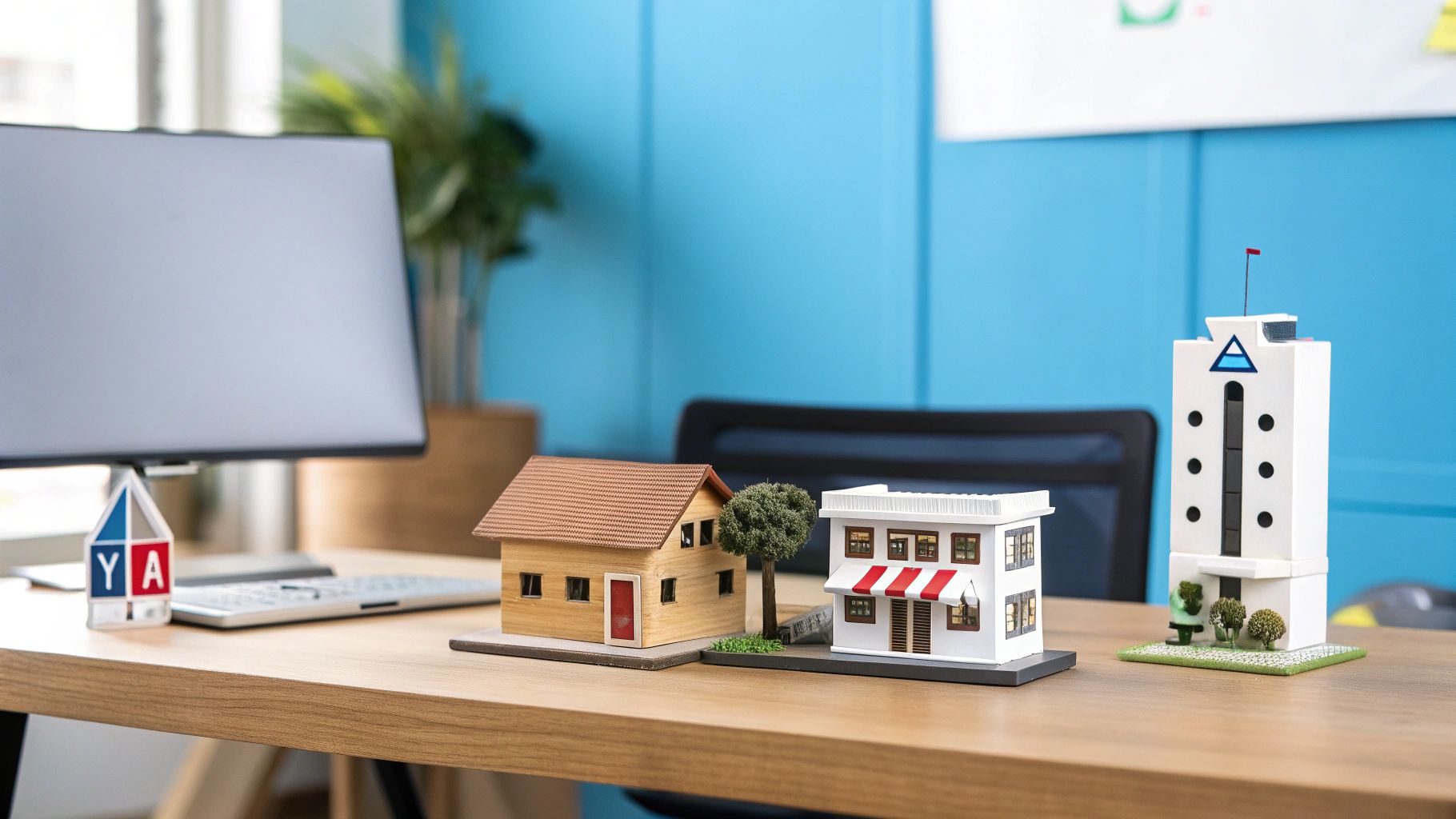מודלים מיניאטוריים של בתים ומבנים שונים על שולחן עץ מודרני לצד מחשב ומקלדת.