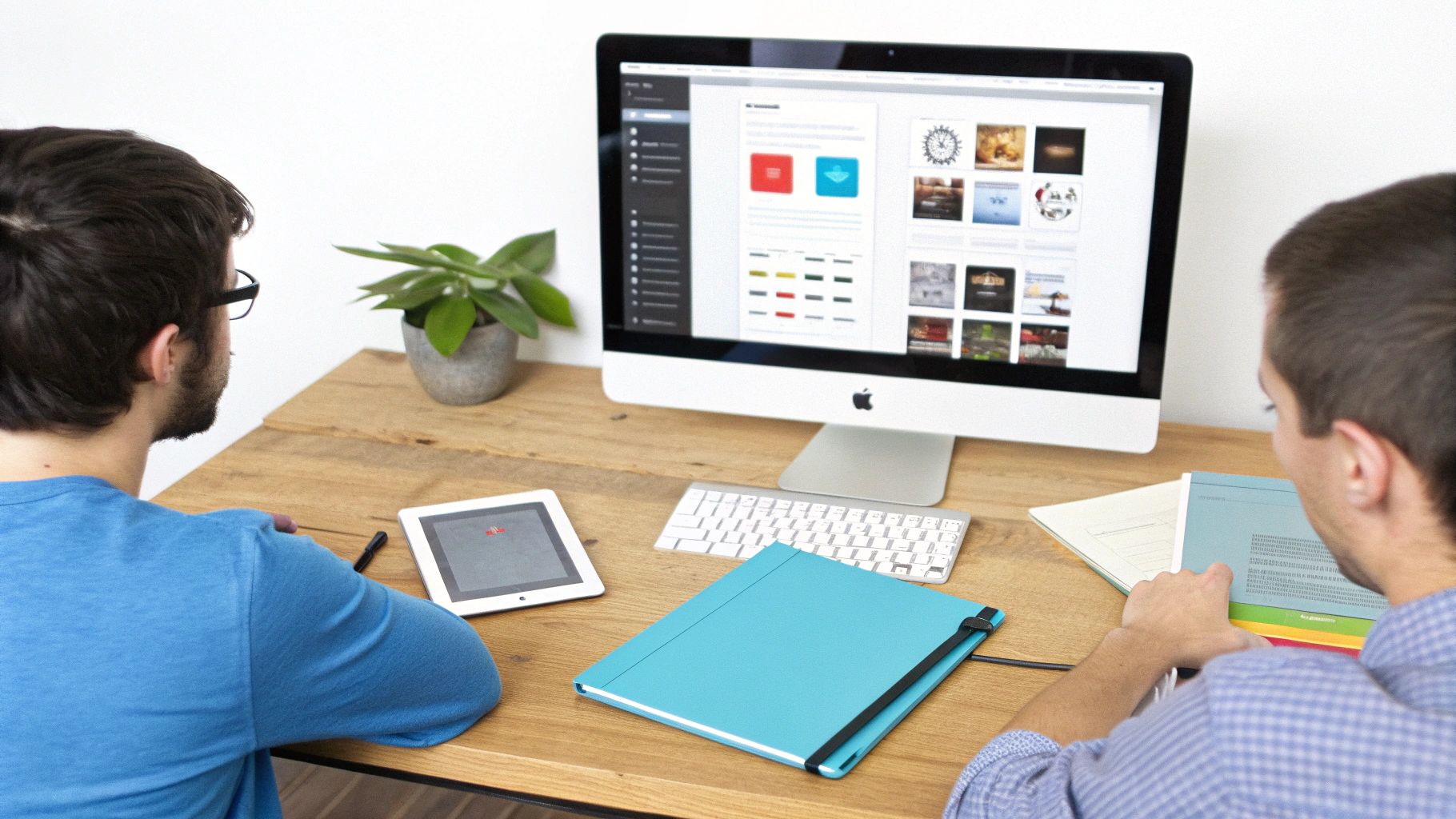 שני מעצבים עובדים יחד על פרויקט עיצוב ממשק משתמש מול מסך מחשב גדול עם דוגמאות עיצוב