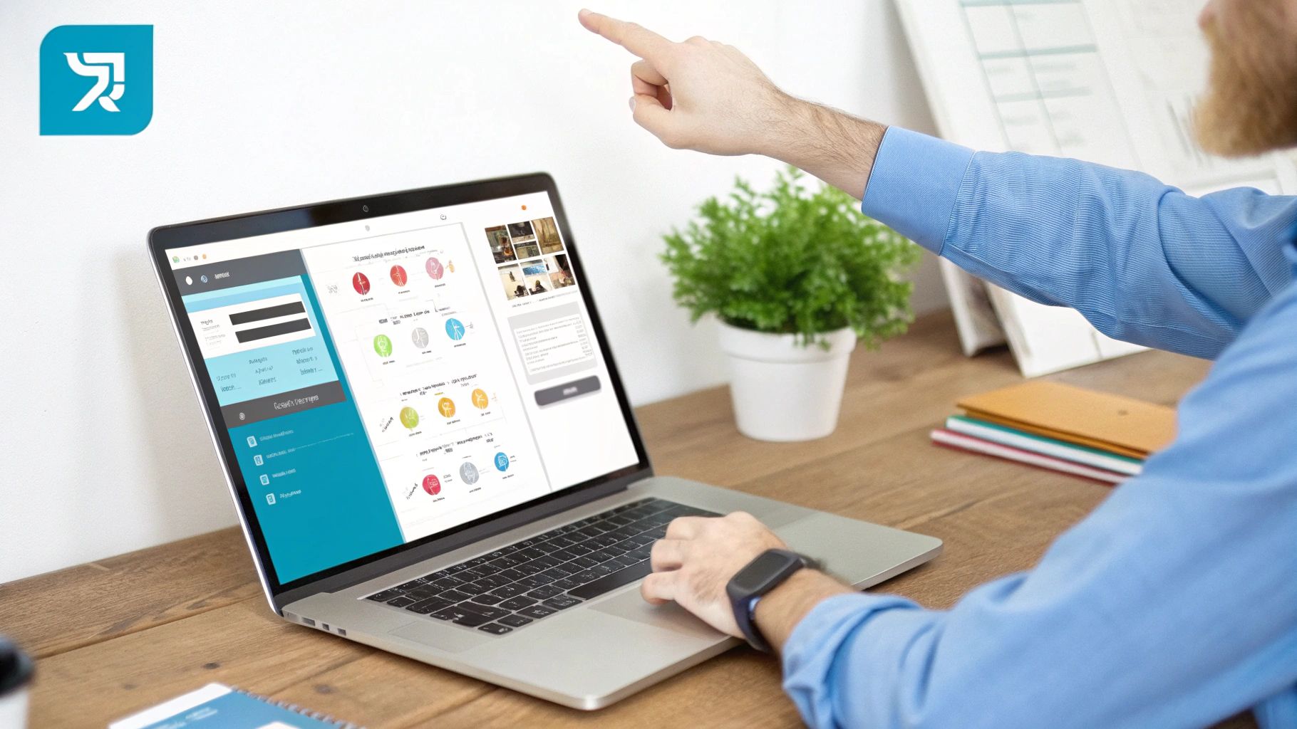 אדם מצביע על מסך מחשב נייד המציג לוח בקרה לניתוח נתונים ועיצוב ממשק משתמש עם אייקונים צבעוניים