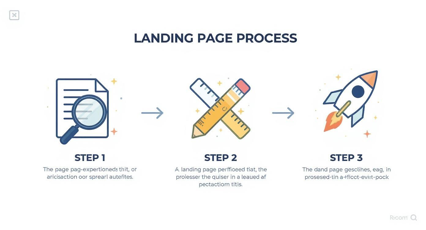 איור תהליך בניית דף נחיתה הכולל שלושה שלבים: מחקר וניתוח (מסמך וזכוכית מגדלת), תכנון ועיצוב (עיפרון וסרגל) והשקה מוצלחת (טיל ממריא).