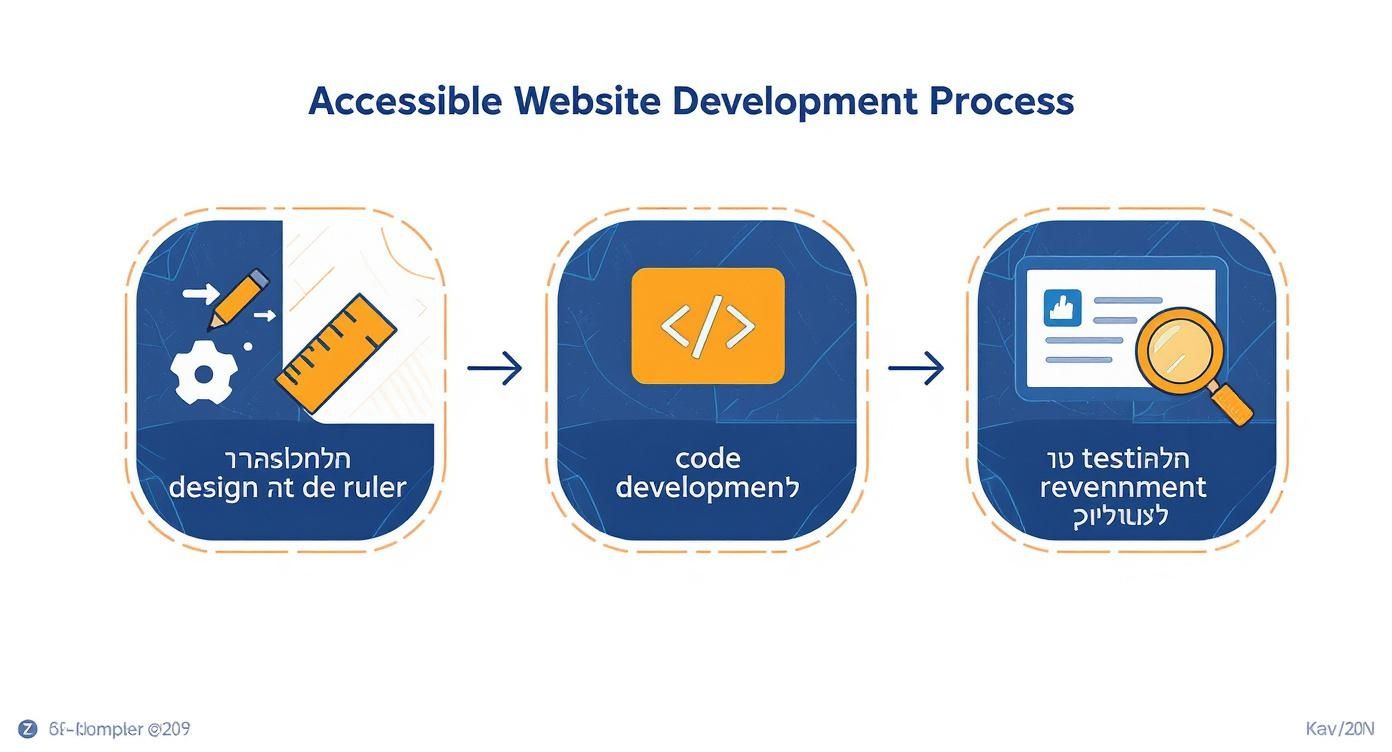 תהליך פיתוח אתר נגיש: תכנון ועיצוב, פיתוח קוד, בדיקות נגישות וסביבת בדיקה
