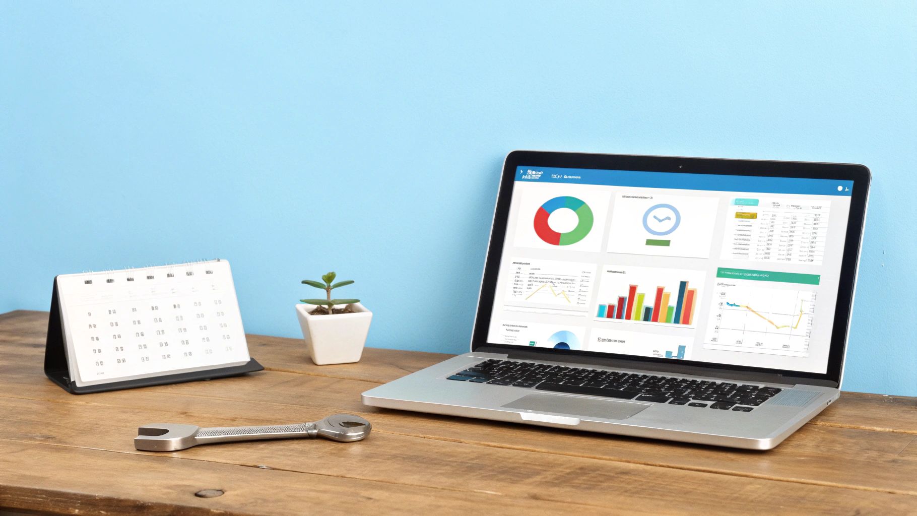 מחשב נייד מציג דשבורד עסקי עם גרפים ונתונים, לצד לוח שנה, צמח ומפתח ברגים על שולחן עץ.