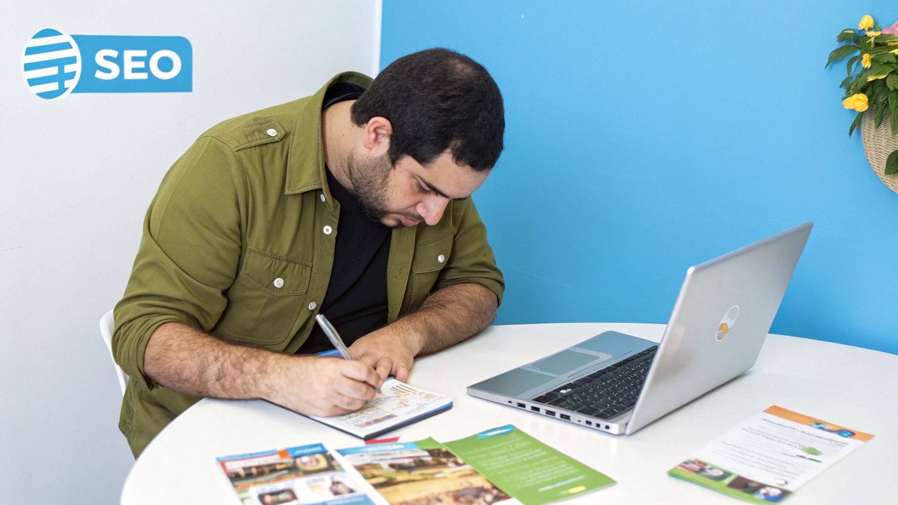 גבר מרוכז כותב במחברת, לידו מחשב נייד ומסמכי קידום אתרים על שולחן לבן.