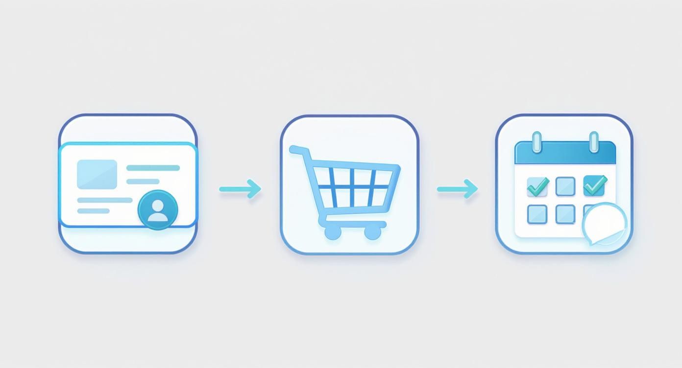 איור תהליך רכישה או הזמנה מקוונת: החל מפרופיל משתמש, דרך עגלת קניות ועד לתיאום בלוח שנה.