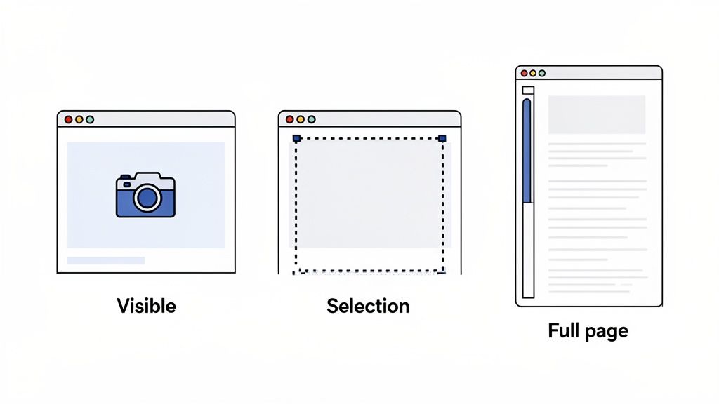 Three browser windows demonstrate visible, selection, and full page web page screenshot options.
