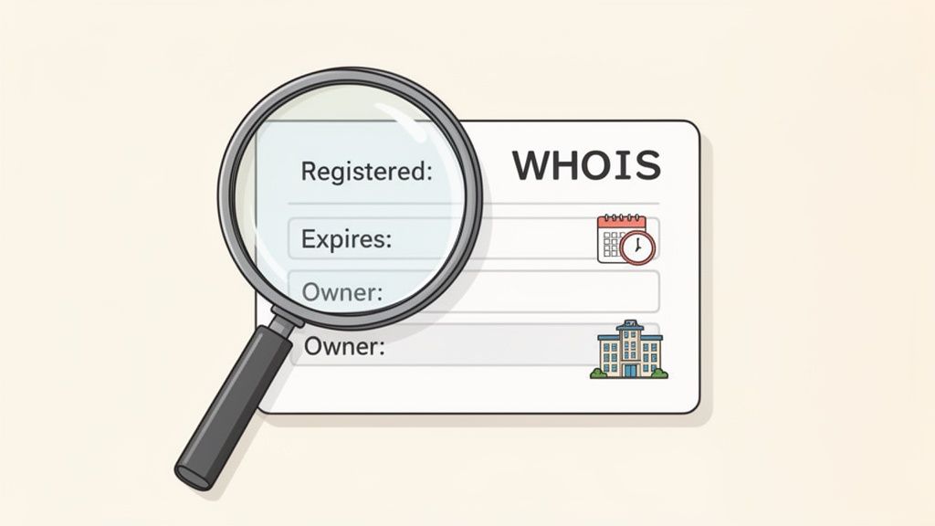 A magnifying glass examines a WHOIS card displaying domain registration, expiry, and owner details.