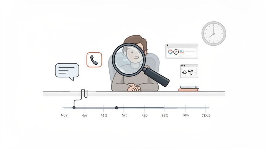 Ilustração de uma pessoa ampliada por uma lupa, cercada por ferramentas de trabalho, um relógio e uma linha do tempo, simbolizando análise de produtividade.