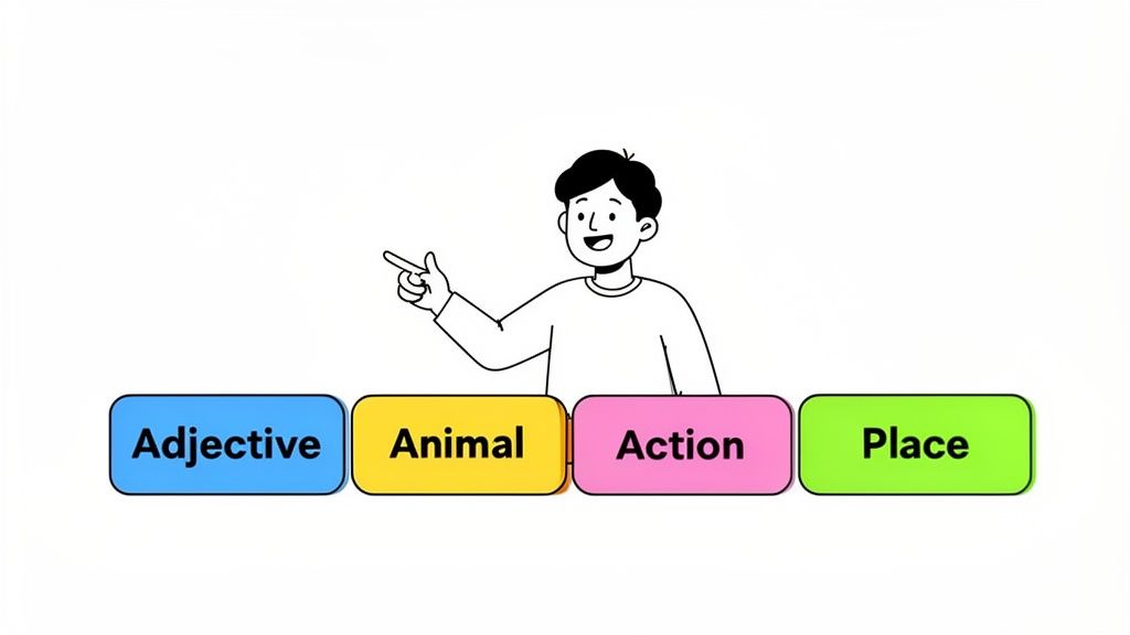 A cartoon boy points at four colorful blocks labeled Adjective, Animal, Action, and Place.