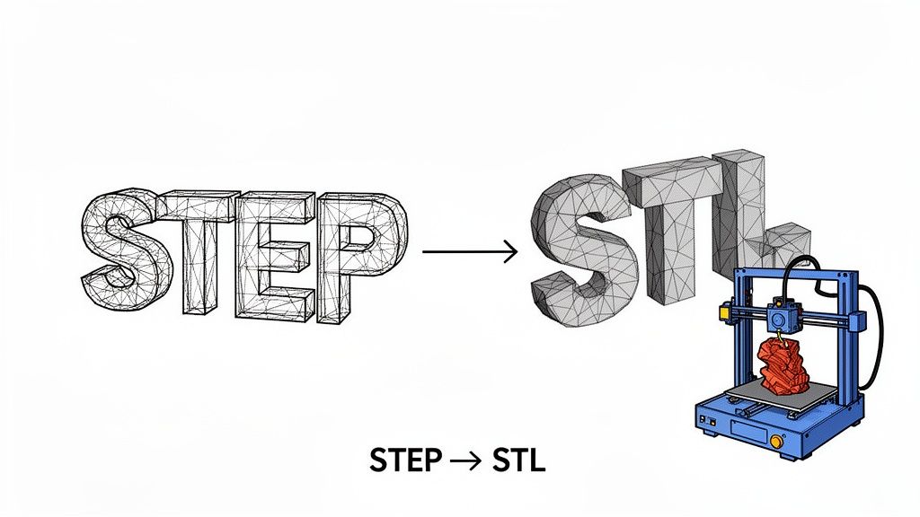 Illustration showing STEP file conversion to STL file format for 3D printing.